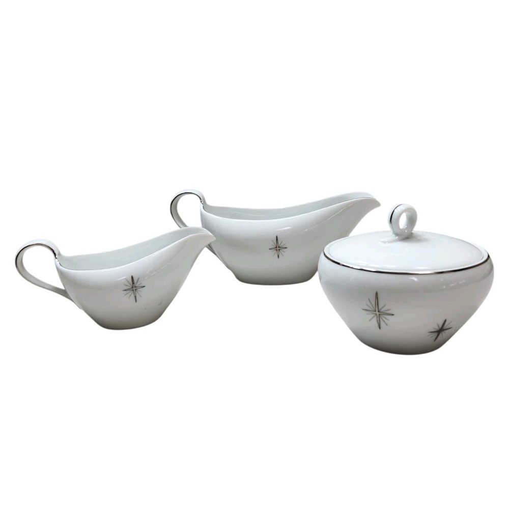 Fukagawa Arita 713 Japan‎ China Silver Atomic Star 2 Gravy Boats 1 Sugar Jar MCM